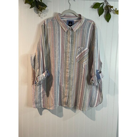 Nautica Jeans Womens 2X Multicolor Striped Button-Up Shirt100%Cotton Lightweight - Picture 5 of 14